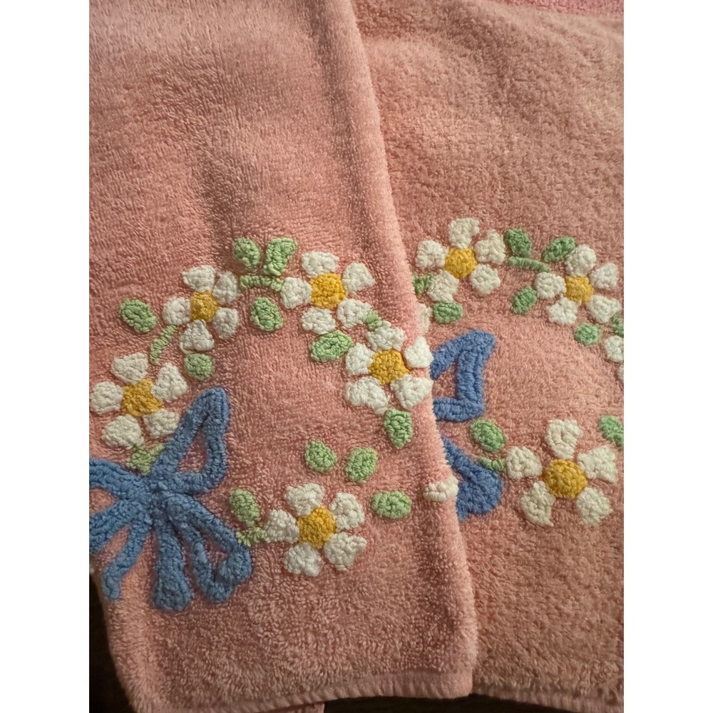 Cannon Pink Cotton Towel Set 4 Blue Bow Daisy Floral Embroidery Cottagecore Vtg - Picture 10 of 10